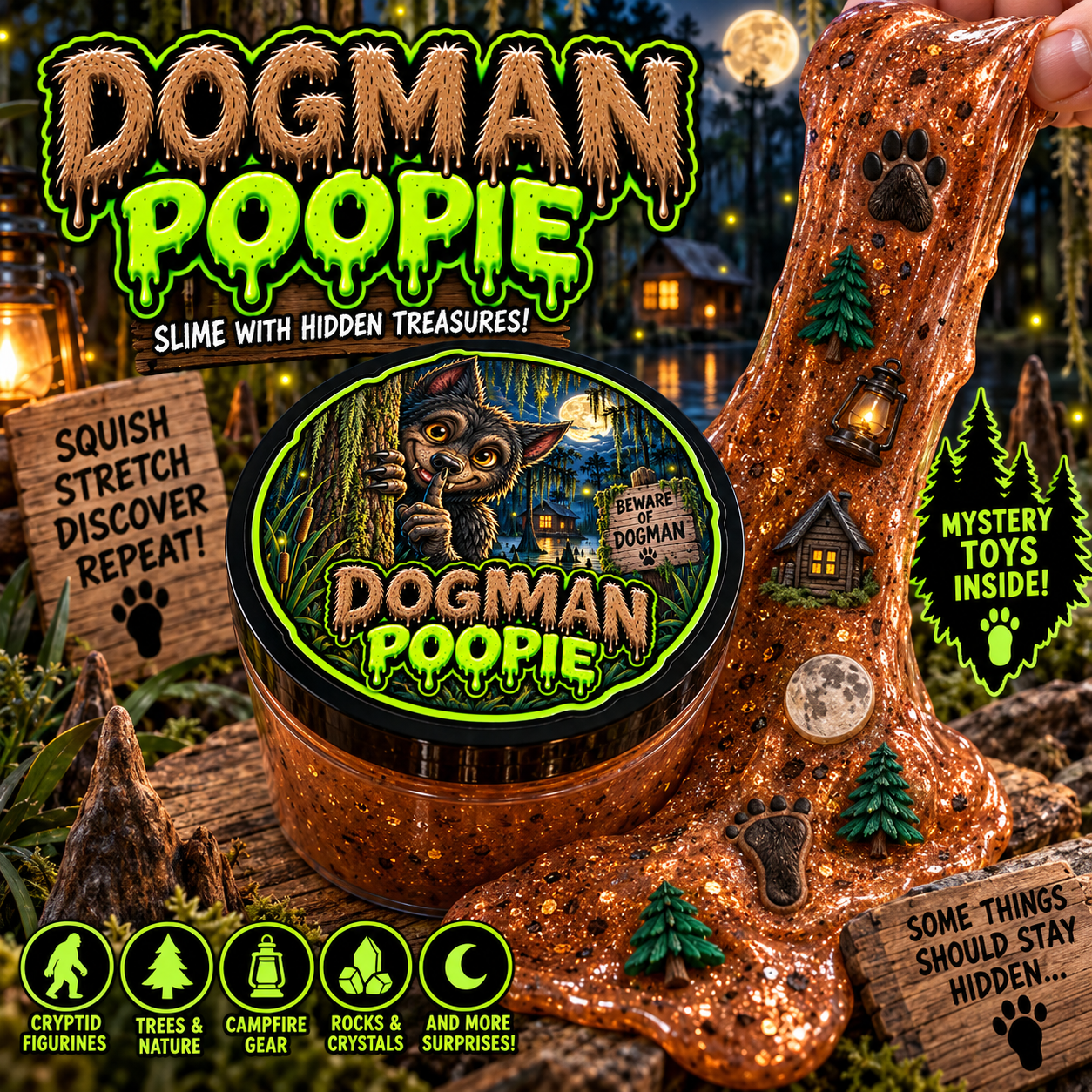 Dogman Poopie slime with cryptid mystery toys