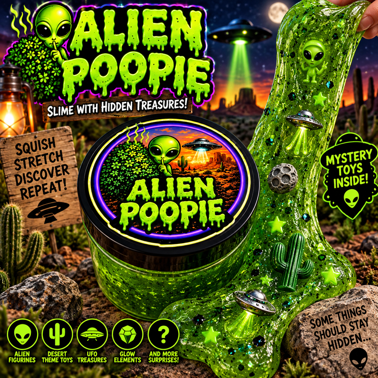 Green Alien Poopie Glow slime with mystery toys