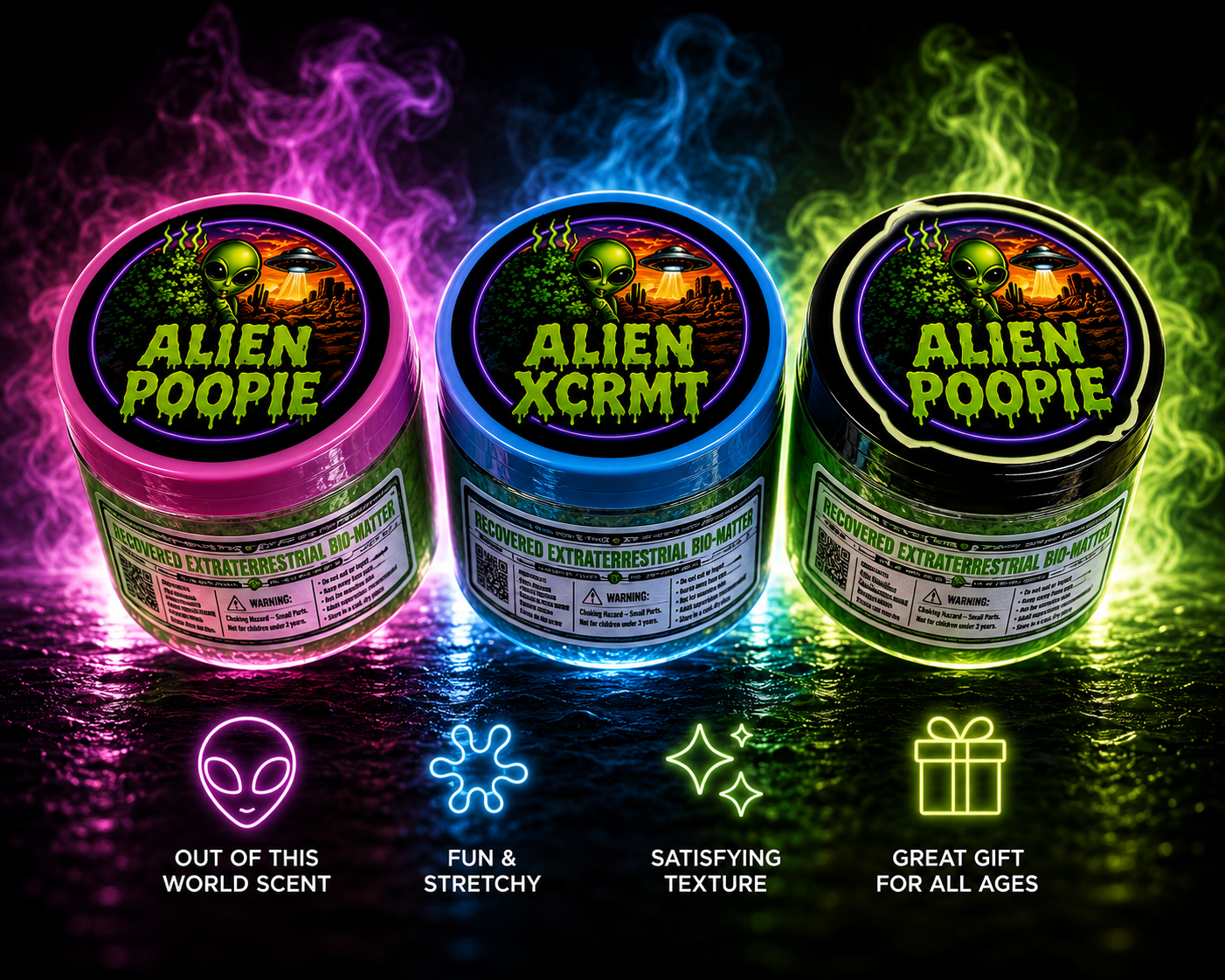 Alien Poopie and Alien XCRMT slime tubs with pink, blue, and black lids