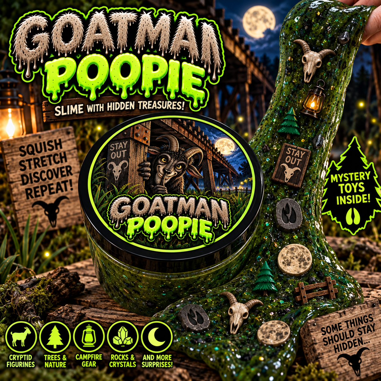 Goatman Poopie slime with cryptid mystery toys