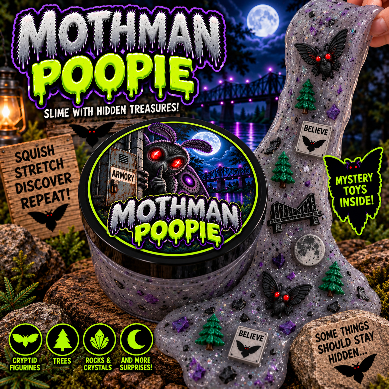 Mothman Poopie slime with spooky mystery toys