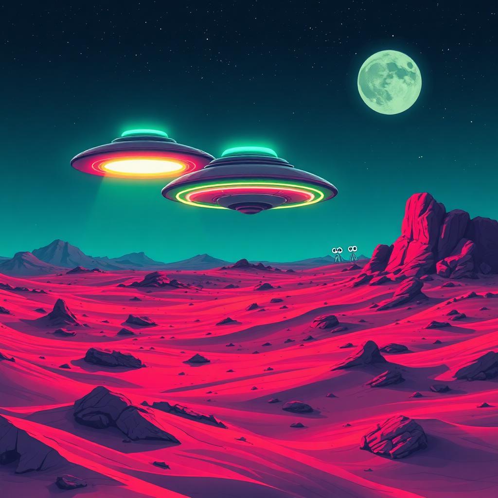 UFOs hovering over a red alien desert at night with tiny aliens on the horizon